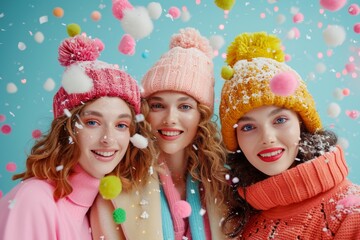 A joyful winter image of three women wearing cozy knit hats, surrounded by falling snow against a bright backdrop, expressing cheerfulness.