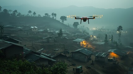 A solar-powered, AI-driven drone delivering essential medical supplies to a remote village, with digital projections of coordinates and delivery data in the sky 