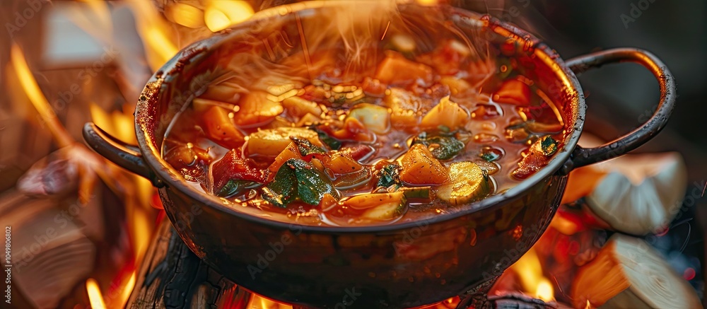 Poster tasty soup simmering in a pot over the fire shown in close up. with copy space image. place for addi