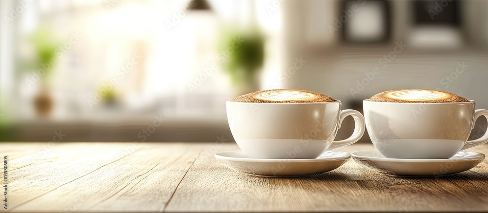 Aufkleber Two delightful cups of coffee sit on the table. with copy space image. Place for adding text or design