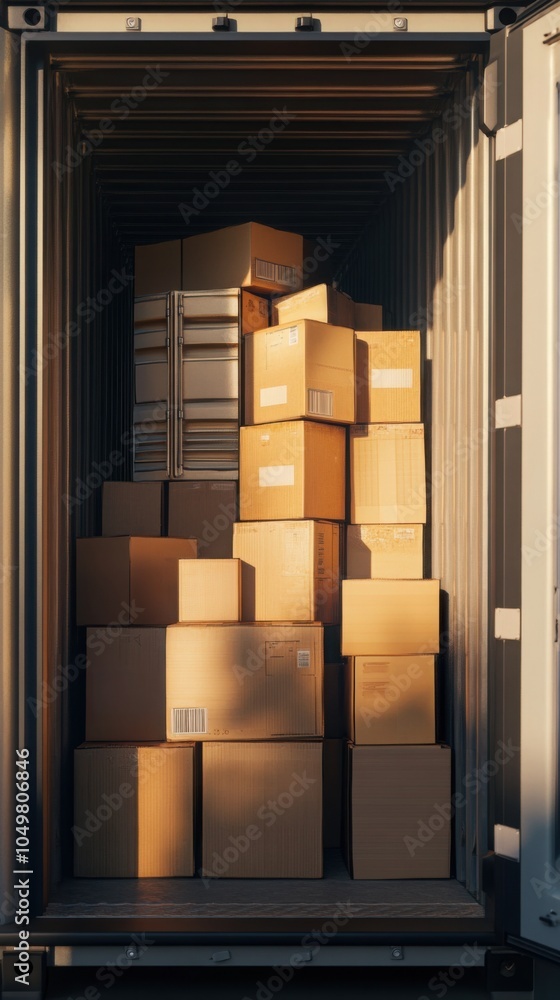 Poster single open shipping container filled with neatly packed boxes, ready for transportation