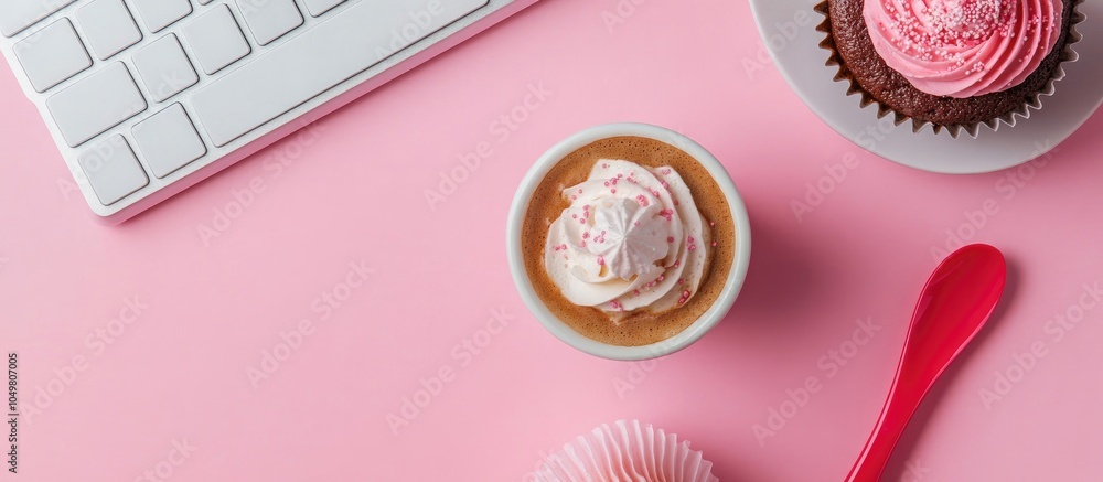 Poster home office desk workspace featuring coffee and a cupcake flat lay top view on a pink background cof