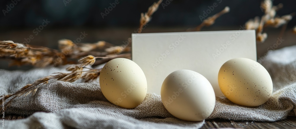 Poster easter eggs on a linen napkin alongside a blank visit card with copyspace for text