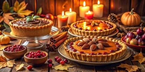 Fototapeta premium Elegant Thanksgiving Dessert Table from Above, Vintage Style Photography, Seasonal Feast Decor, Warm Festive Setting, Perfect Thanksgiving Background, Cozy Atmosphere