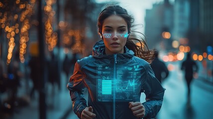 An AI assistant embedded in a wearable device providing real-time health updates to an individual during a marathon, displaying heart rate and hydration reminders holographically 