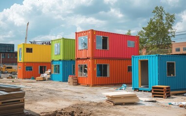 A construction site with several shipping containers repurposed as storage units and office spaces