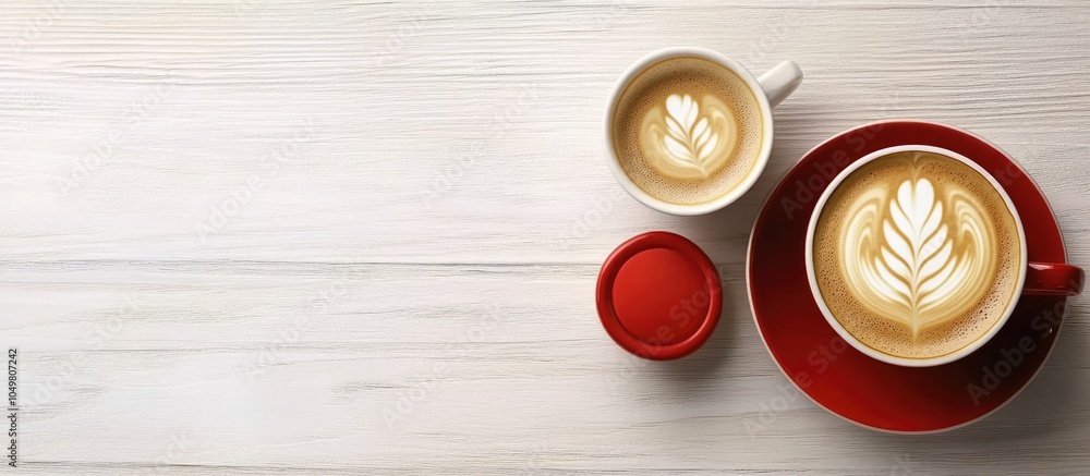 Poster aromatic coffee in a red cup topped with milk foam and latte art alongside freshly brewed coffee in 