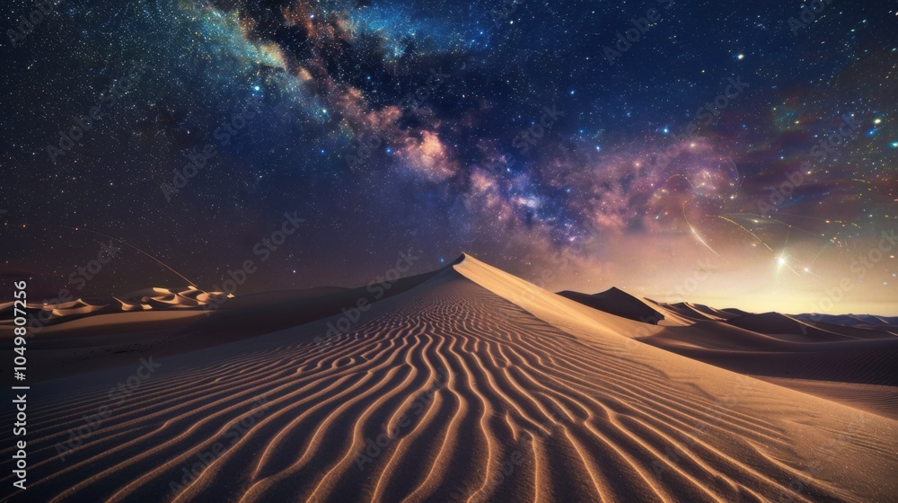 Poster A mesmerizing view of a remote desert sand dune with an unusual formation and a rare, bright comet casting celestial trails over the vast desert landscape, Desert sand dune scene