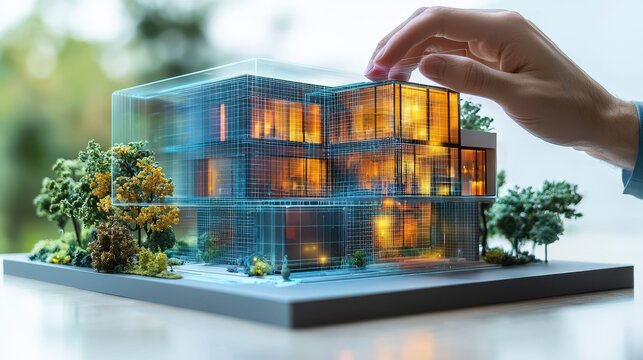 An architect designing a 3D holographic model of a smart building, manipulating structures with hand gestures, as AI tools offer structural analysis in real-time 