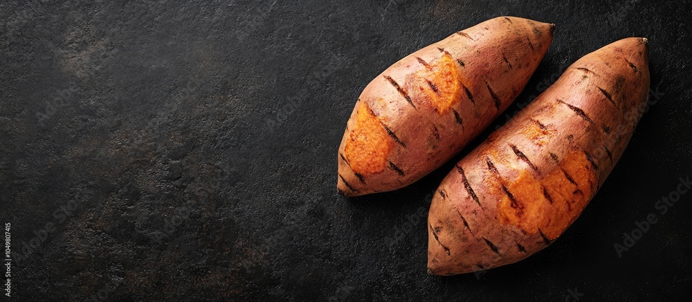 Fototapete Unattractive sweet potato yams viewed from above in a flat lay. with copy space image. Place for adding text or design