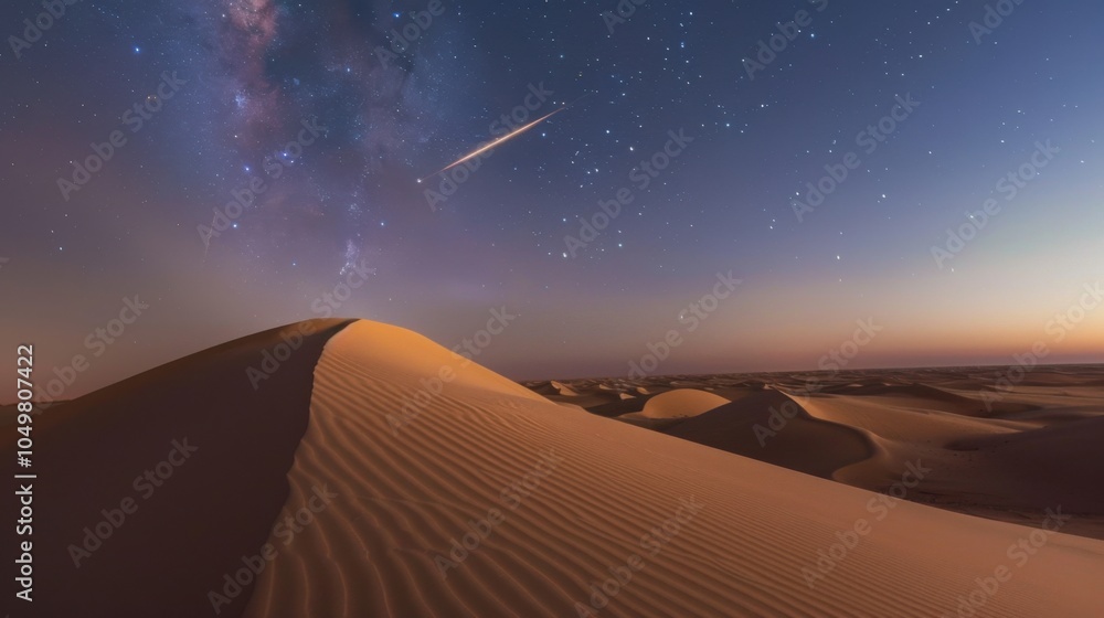 Poster A mesmerizing view of a remote desert sand dune with an unusual formation and a rare, bright comet casting celestial trails over the vast desert landscape, Desert sand dune scene