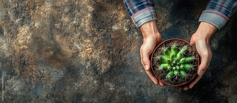 Leinwandbilder young man planting a cactus environmental concept top view. with copy space image. place for adding 