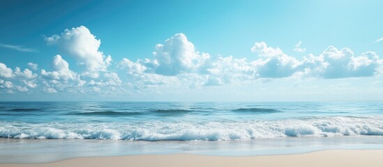 Fototapeta premium Empty sea and beach backdrop featuring copy space Blue sky above the sea and beach softly blurred with a film filter
