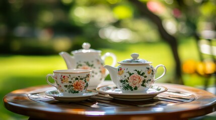 Fototapeta premium Afternoon Tea in Floral China with Bokeh Effect