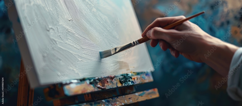 Poster Artist s hand using a brush to paint on a blank canvas on a wooden easel. with copy space image. Place for adding text or design