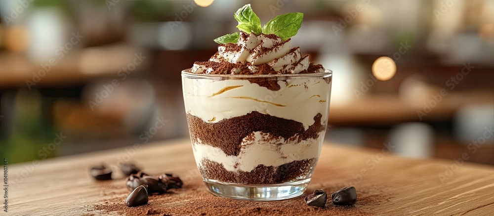 Leinwandbilder tiramisu dessert cake served in a cup on a wooden table. with copy space image. place for adding tex