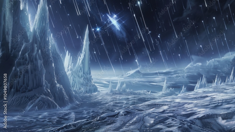 Poster a mesmerizing view of a remote glacier field with towering, luminous ice spires and a rare, vivid me