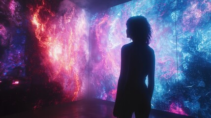 An interactive digital gallery with holographic art displays, where visitors engage with motion-responsive installations and AI-enhanced visual effects 