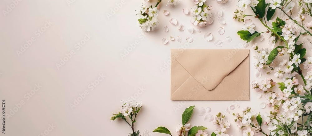 Fototapete Greeting card mockup featuring a spring flower arrangement and an envelope Space for text. with copy space image. Place for adding text or design
