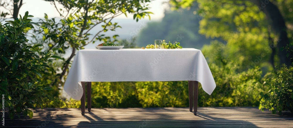 Poster Napkin and tablecloth on a wooden deck front view mockup Summer landscape backdrop. with copy space image. Place for adding text or design