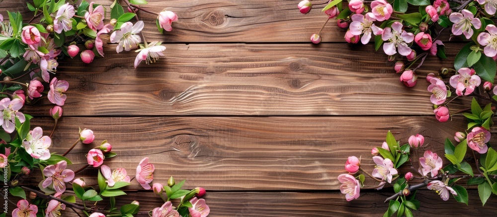 Poster wood grain backdrop featuring flowers. with copy space image. place for adding text or design