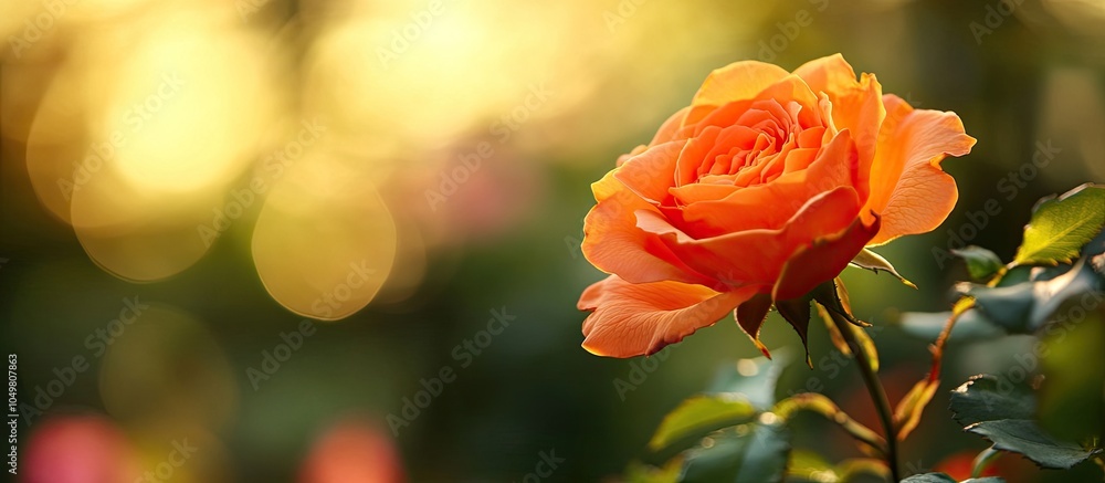 Fototapete vibrant orange rose with a blurred background close up. with copy space image. place for adding text