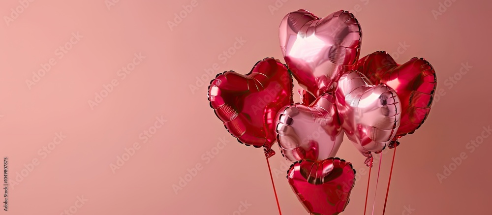 Aufkleber Red and pink heart shaped inflatable foil balloons Arrangement includes space for text. with copy space image. Place for adding text or design