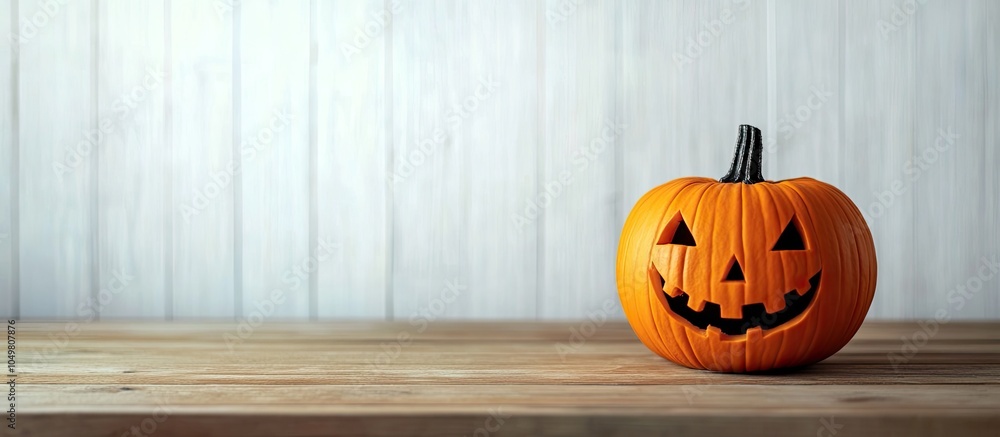 Aufkleber halloween pumpkin on a wooden table against a backdrop of white boards halloween themed background r