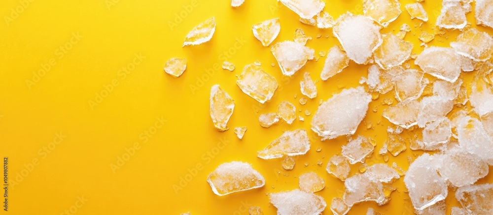 Poster Crushed ice fragments on a yellow background top view Room for text. with copy space image. Place for adding text or design