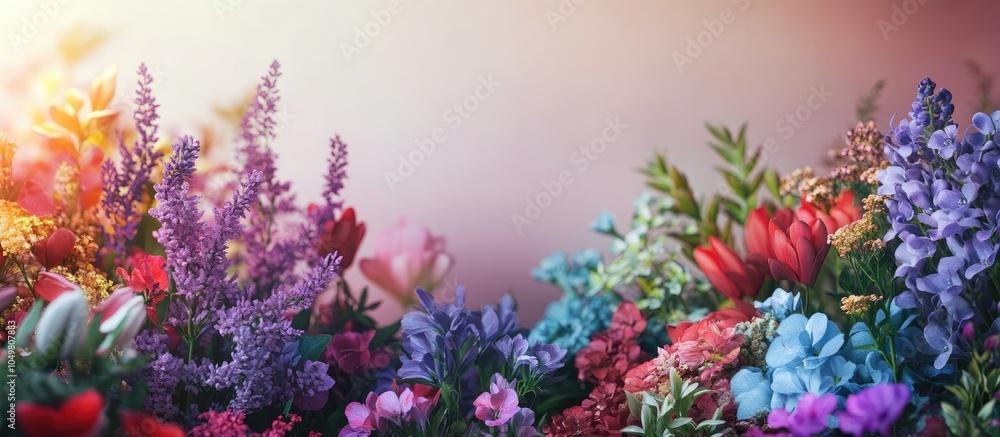 Poster an assortment of different flowers in a variety of colors such as violet red blue purple and green w