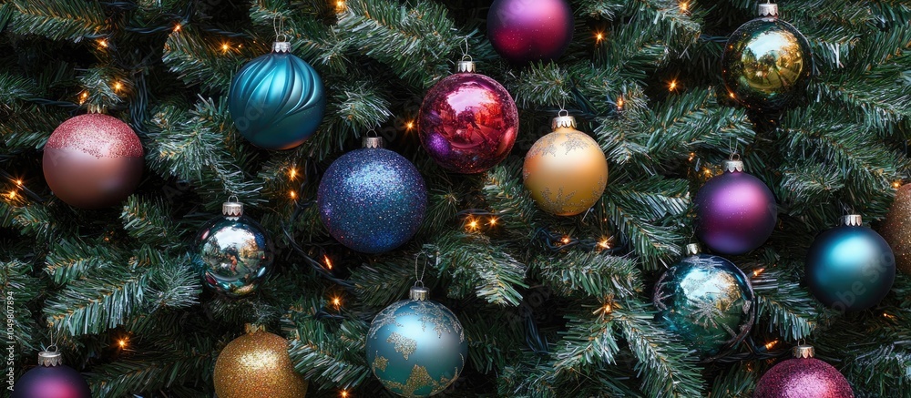 Poster Close up of a decorated Christmas tree featuring colorful ornaments. with copy space image. Place for adding text or design