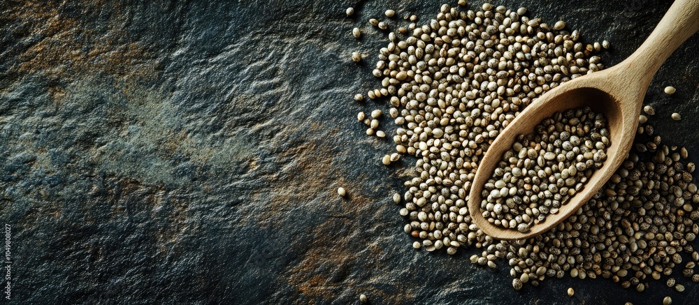 Aufkleber Background of hemp food seeds accompanied by a rustic wooden spoon Area for text. with copy space image. Place for adding text or design