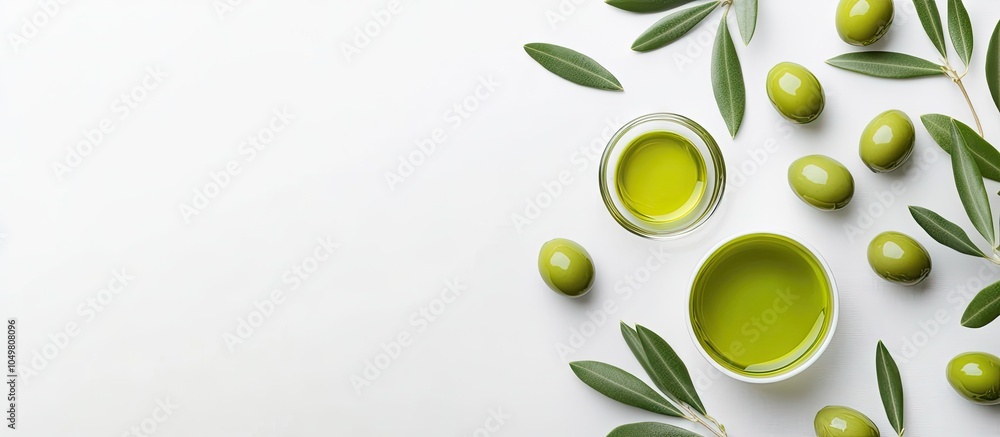Poster frame of green olive fruit and olive oil isolated on a white background top view. with copy space im