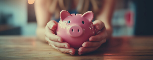 Close-up of hand holding a piggy bank on a wooden top savings money  AI Image