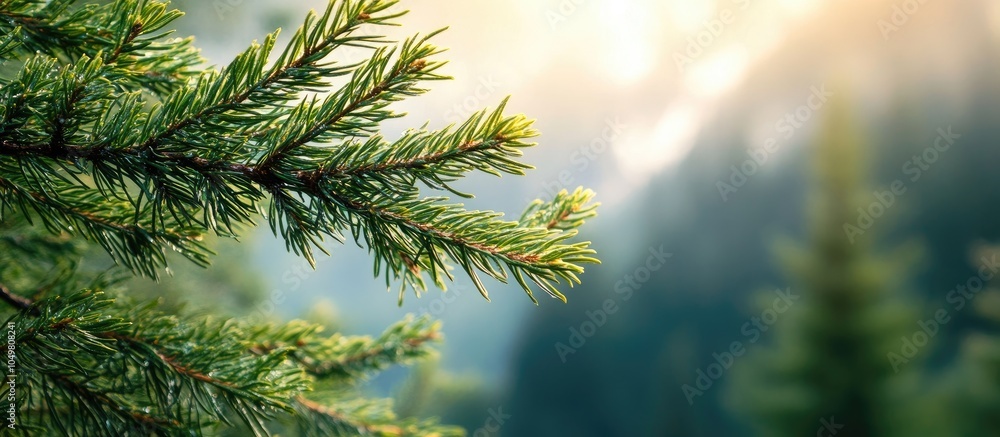 Fototapete Close up of a cedar branch set against a mountainous backdrop. with copy space image. Place for adding text or design