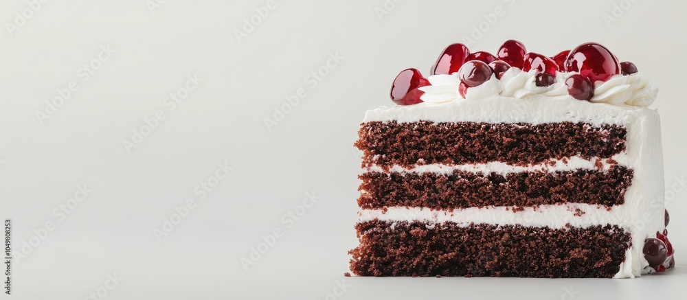 Fototapete Close up of a delectable and moist Black Forest cake set against a white background. with copy space image. Place for adding text or design
