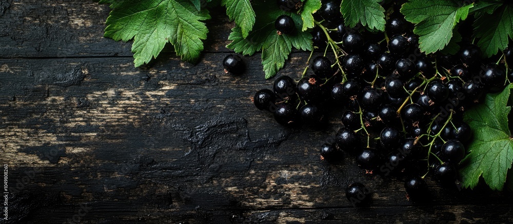 Leinwandbilder black currants and green leaves on a dark wooden surface background featuring currant berries and gr