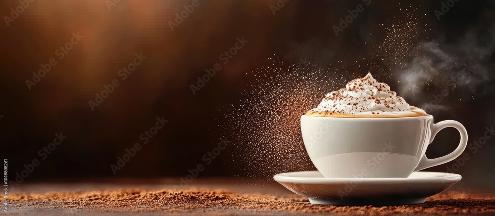 Poster the hot cappuccino cup adorned with milk foam and dusted with coffee powder creates a delightful exp