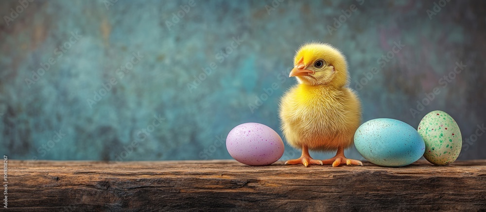 Aufkleber Yellow chicken and Easter eggs on a wooden table. with copy space image. Place for adding text or design