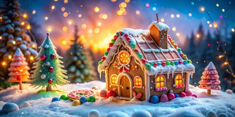Enchanting Gingerbread House Surrounded by Candy Decorations in a Magical Holiday Landscape with Festive Ambiance and Sweet Charm