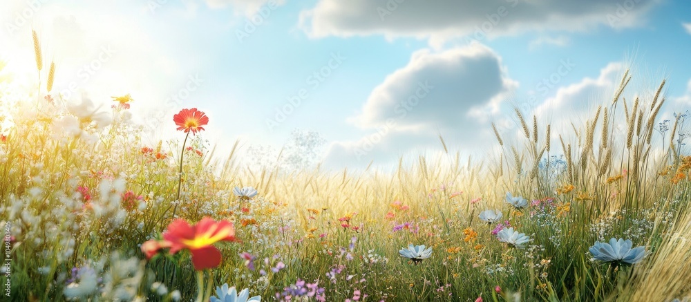 Fototapete beautiful nature featuring meadow flowers and a wheat field. with copy space image. place for adding