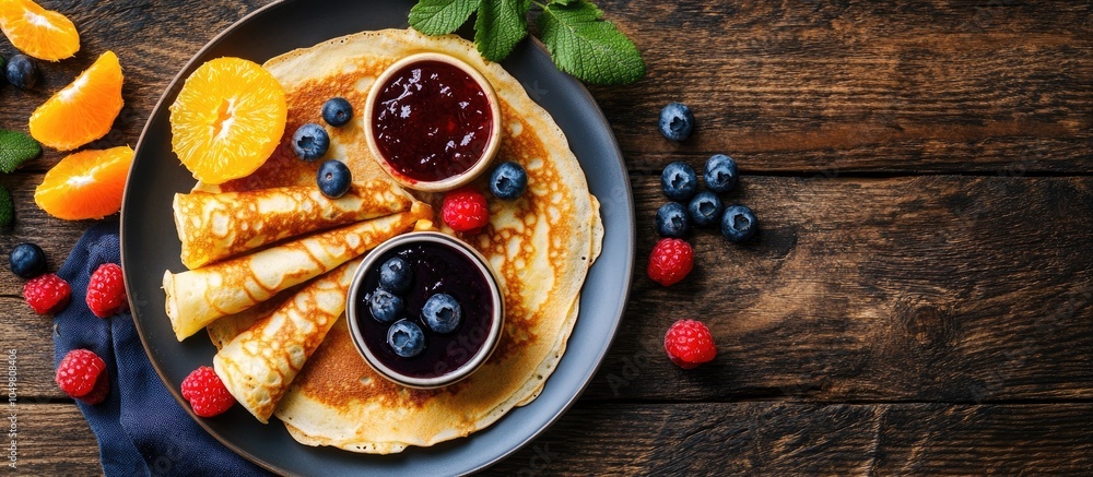 Poster crepes featuring citrus jam and berries thin pancakes mandarin blueberry menu concept background top