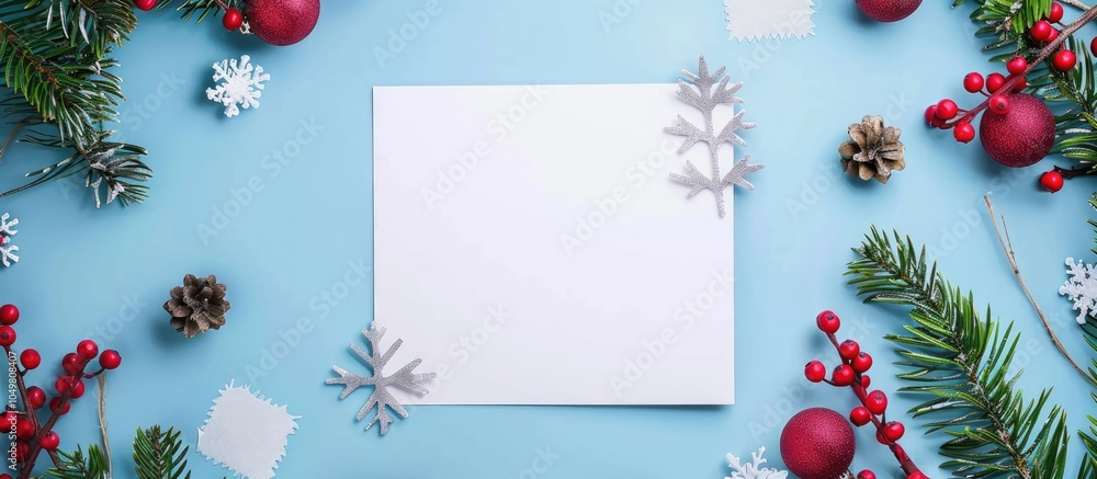 Poster Postcard Happy New Year Flat lay arrangement with notepad space for text and Christmas decorations on a blue background Concept Letter to Santa Claus Greeting Top view Copy Empty space Mock up Insc