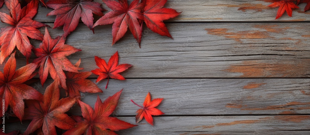 Poster autumn leaves of a japanese maple tree on a wooden texture background. with copy space image. place 