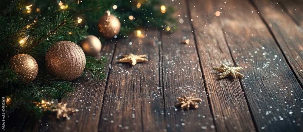 Leinwandbilder christmas background decorations and fir branch on a wood table. with copy space image. place for ad
