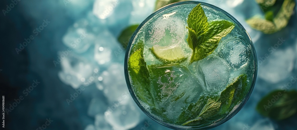 Fototapete Top view of a refreshing cold mojito cocktail with mint and ice cubes in a glass. with copy space image. Place for adding text or design