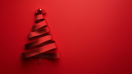 Minimalist red Christmas tree on red background with copy space