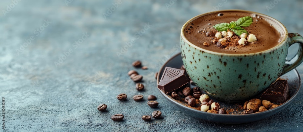Poster coffee cup chocolate with matcha tea hazelnuts cocoa powder and cardamom concept of a hot sweet beve