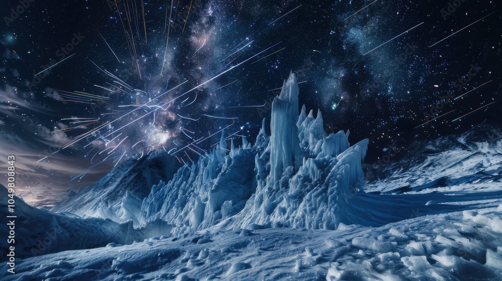 Poster a mesmerizing view of a remote glacier field with towering, luminous ice spires and a rare, vivid me