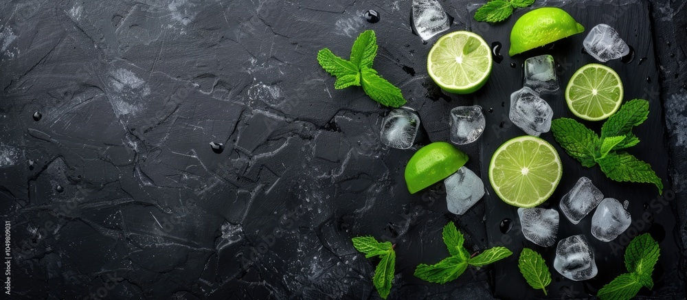 Aufkleber ingredients for a fresh mojito cocktail on a black stone board. with copy space image. place for add
